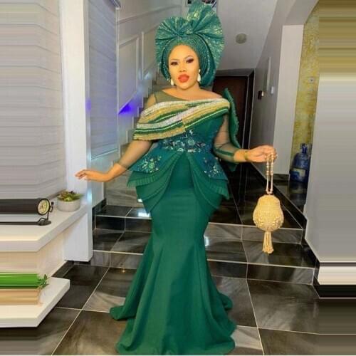 New Aso Ebi Crystal Prom Gown Hunter Green Vestidos Mermaid Formal Party Dresses 34 Sleeves Plus Size Evening Gowns Abendkleider