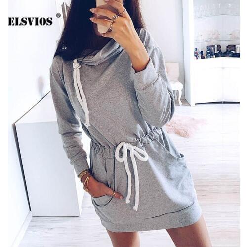 ELSVIOS Women Turtleneck Pocket Dress 2019 Autumn Long Sleeve Lace-Up Mini Dresses Lady Solid A-line Party Dress Female Vestidos