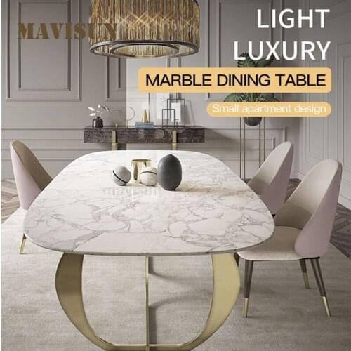 Golden Rectangular Dinning Table Combination Marble Plate Top Stainless Steel Metal Base Dining Table New Luxury Home Furniture