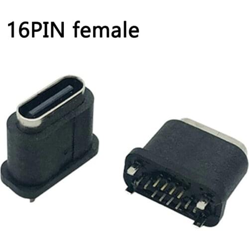 1-3pc Type C Micro USB Waterproof Female Vertical Stand Plug 16 Pin All Four Feet plug Board 180° DIP Socket Connecto