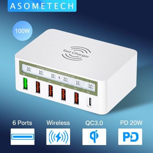 100W QC 3.0 USB Type C PD Fast Charger Adapter Qi Wireless Charger Station 6 Ports USB Charger for iPhone Samsung Xiaomi Huawei