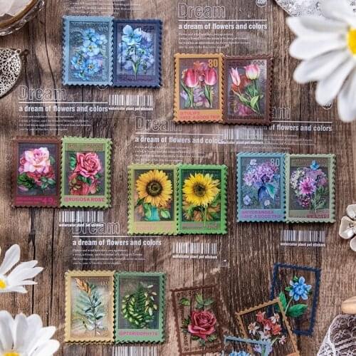 40pcs PET Stamp Style Flowers Stickers Aesthetic for Deco Junk Journal School Supplies Creative Stationary Label Washi Stickers