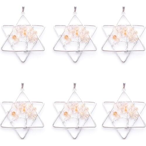 6Pcs/Lot Natural Light Citrine Gem Stone Tree Of Life Handmade Wire Color Wire Wrapped Star Pendants For Jewelry Marking QN3809