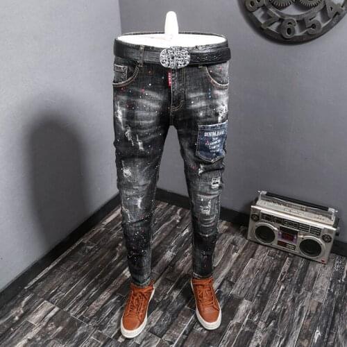 American Streetwear Fashion Men Jeans Retro Black Gray Elastic Slim Fit Painted Designer Pants Patch Pockets Hip Hop Trousers