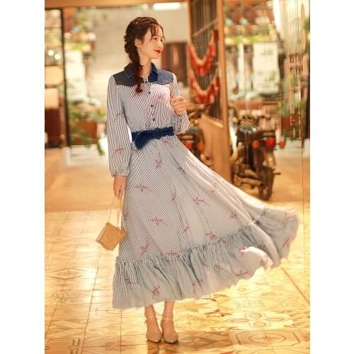 Free Shipping Boshow 2021 New Women Long Maxi Lantern Sleeve Spring Cotton And Denim Vertical Stripes Turn Down Collar Dresses