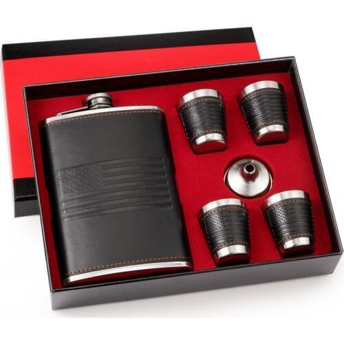 GENNISSY 9oz Leather Hip Flask Set Outdoor Portable Stainless Steel Drink Hip Flasks For Whiskey/Brandy/Cocktail/ Men Gift Set