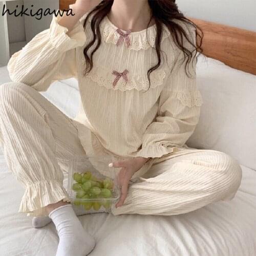 Hikigawa Autumn 2021 New Pajamas Womens Long-sleeve Trousers Pantsuit Sweet Cute Home Service Fashion Solid Two-piece Sets