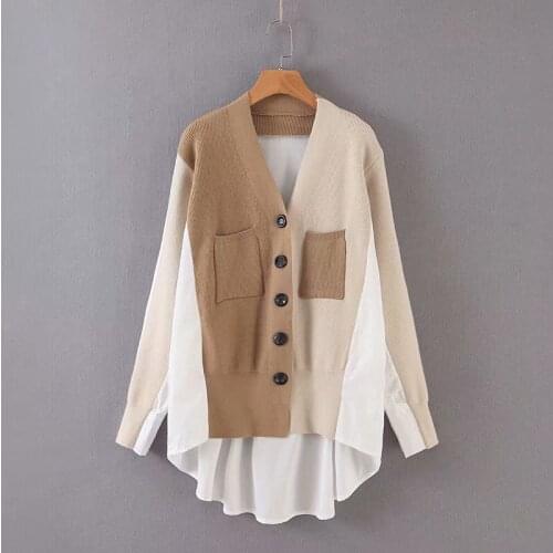 8666 Autumn Women Cardigan Sweater Korean V-Neck Button Fashion Patchwork Irregular Khaki Loose Female Casual Knitted Coat Tops