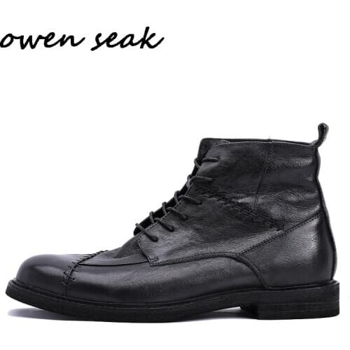 Owen Seak Men Casual Shoes High-TOP Chukka Ankle Riding Boots Retro Genuine Leather Sneakers Lace Up Luxury Trainers Black Shoes