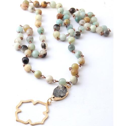 Fashion Bohemian Tribal Jewelry Beads Halsband Amazonite Stones Natural Druzy Flower of Life Pendant Necklace