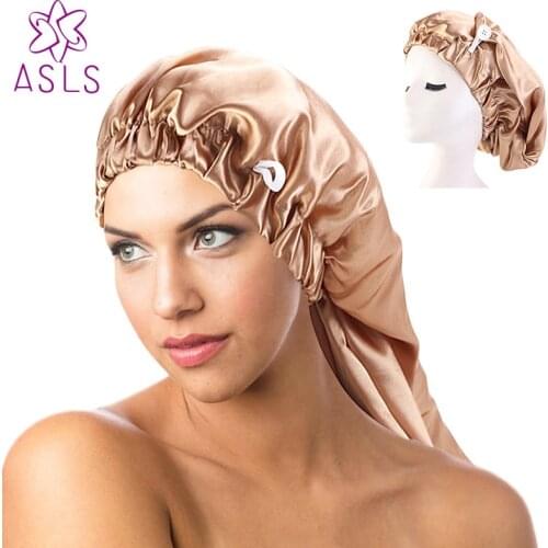 New Pure Colour Satin Sleeping Cap Elastic Buckle Long Tube Hair Cap Dual-Purpose Long Hair Cap Bath Cap Womens Hair Accessorie