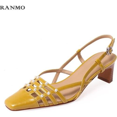 Summer new square toe sandals woman shoes pearl decoration summer outdoor sandals high heels comfortable sandals fashion shoes