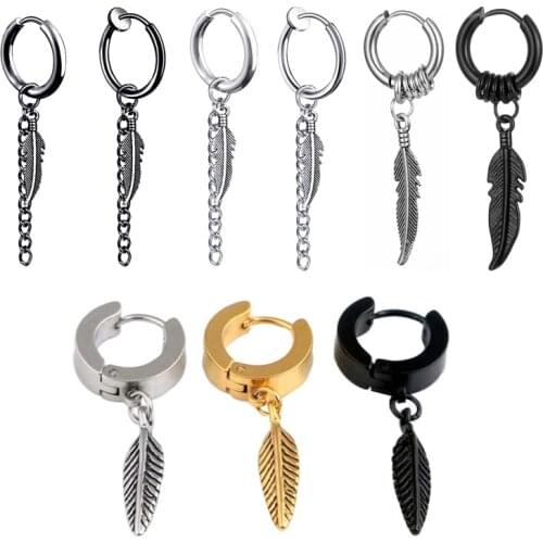 1pair Fashion Feather Hoop Earrings Men Punk Rock Style Stainless Steel Earrings Hiphop Ear Piercing Jewelry boucle d’oreille