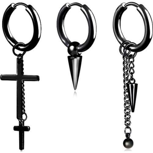 Kpop Earrings for Men Women With Charm Ball Cone Dangles Black Stainless Steel Hip Hop Punk Earrings for Teens