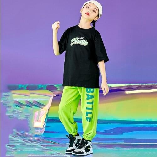 Boys Hip Hop Dance Clothes Girls Jazz Practice Short Sleeve Suit Black Top Green Hiphop Pants Sport Drum Show Costume DNV14575