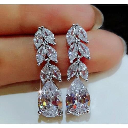 Gorgeous Female Earrings 925 Sterling Silver Leaves Waterdrop Zircon Long Tassel Earrings for Women Pendientes Oorbellen Brincos