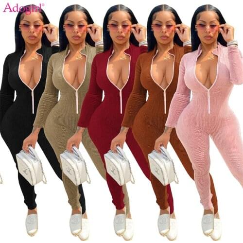 Adogirl Corduroy Ribbed Solid Jumpsuit Women Autumn Winter Skinny Overalls Front Zipper Long Sleeve Slim Casual Fitness Romper