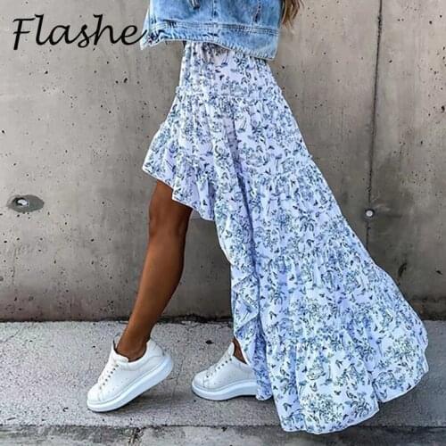 New Bohemian A-Line Long Skirt Women Summer 2021 Floral Print Irregular Women Skirts Casual Holiday Women High Waist Skirt
