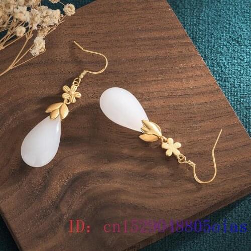 White Jade Water drop Earrings Women Charm Chalcedony Gemstone Crystal Fashion Natural Amulet Gifts Jewelry Zircon 925 Silver