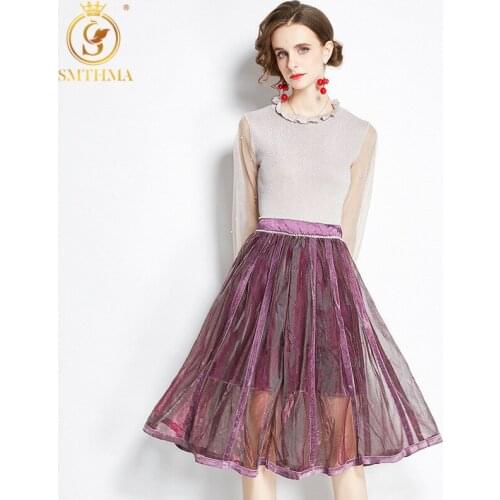 SMTHMA Luxury Design Runway New Autumn Bright Silk Stitching Beaded Top + Fashion Mesh Slim Skirt Two-Piece Suit