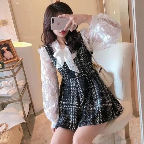 Women Tweed Plaid Short Romper Female Bow Collar Lace Shirt Top Sets Tank Pearl Button Mini Jumpsuit Two Piece Set