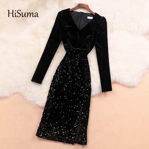 2020 Autumn Winter New Female Chic V Collar Long Sleeve Velvet With Sequins Sheath Dresses Womens Elegant Clothing