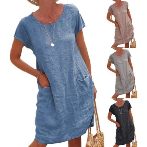 Plus Size Women 4xl 5xl Dress Linen Vintage Summer Baggy Dress Pockets Sukienka Short Sleeve Midi Streetwear Fashion Dress Solid