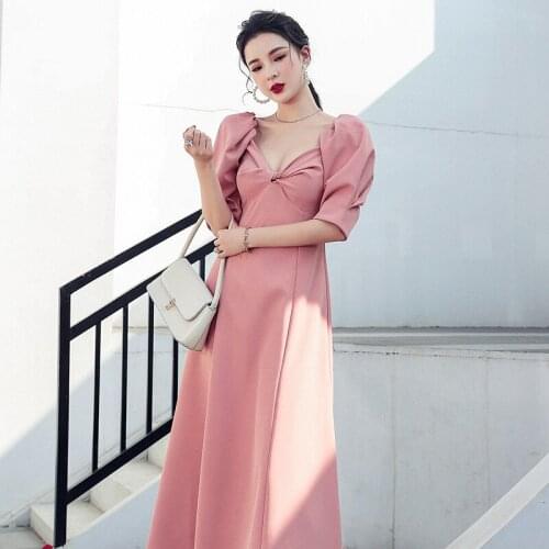 2021 Women Summer Casual V-neck Dress sexy Temperament Backless Dress Women Party Fashion long Dress Pink dress vestidos