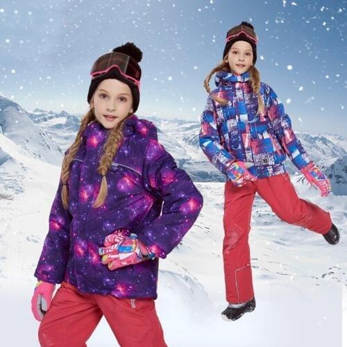 Winter Children Hooded Ski Suit Girls Skiing Jacket + Snow Pants Waterproof Snowboard Clothing Suit Set Warm And Windproof