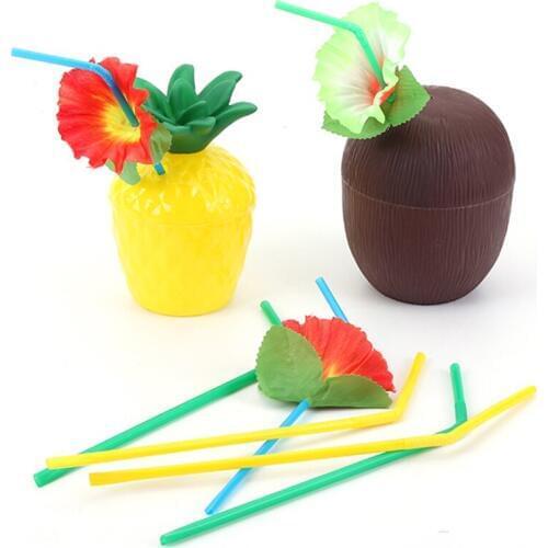 12Pcs/Lot Pineapple Coconut Cups Fruit Shape Juice Party Drinking Cups with Flower Straws for Hawaiian Luau Summer Beach Party