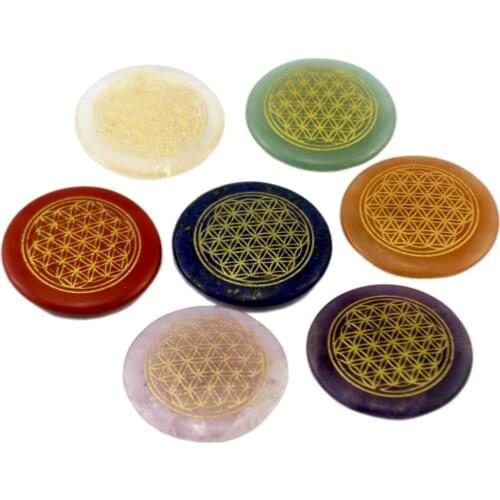 7pcs Natural Crystal Palm Stone Set Polished Engraved Circle Palm Crystal