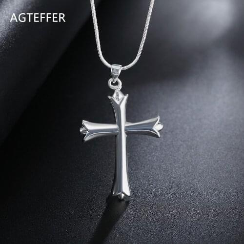 AGTEFFER 925 Sterling Silver 18 Inch Snake Chain Cross Pendant Necklace For Women Man Fashion Wedding Party Charm Jewelry