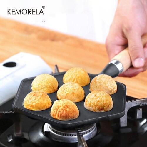 7 Hole Octopus Balls Fry Pan Cast Iron Non-Stick Omelette Mold Wooden Handle Quail Household Iron Handle Frying Pan Cookware