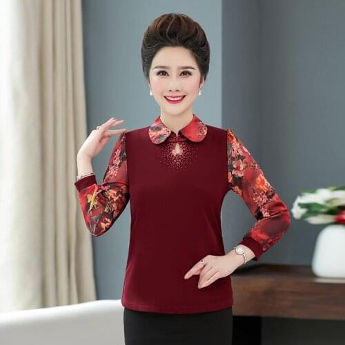 T-Shirts Large Size 5XL Middle Aged Women Spring Autumn Chiffon Long Sleeve Tops Mother Tee Shirts Femme Slim Lapel Pullover