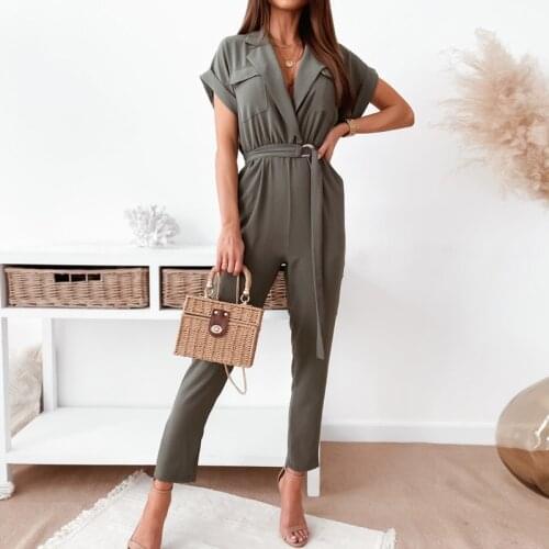 Casual Solid Short Sleeve Overalls Women Jumpsuit Fashion Pocket Cargo Pants Romper Summer Elegant Belt Office Lady Playsuit