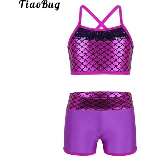 TiaoBug Summer 2Pcs Kids Girls Tankini Outfit Sleeveless Sequins Mermaid Scales Printed Tank Top With Bottoms Swimwear Swimsuit