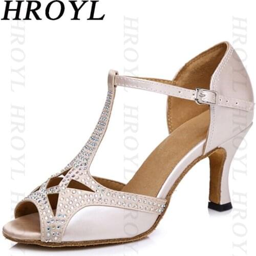 Hot Selling Womens T-Bar Latin Dance Sandals Salsa Tango Ballroom Dancing Shoes Silk Satin Rhinestones Heeled Shoes For Women