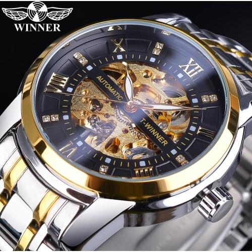 Winner Golden Black Diamond Dial Skeleton Stainless Steel Waterproof Luminous Hand Rome Number Men Automatic Mechanical Watch