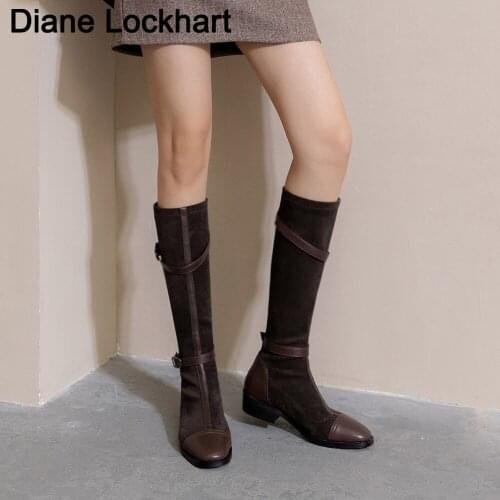 New Arrival Flat Knee High Boots Women Low Heels Round Toe Winter Shoes Ladies Stitching Buckle Rider Boots Female Botines Mujer