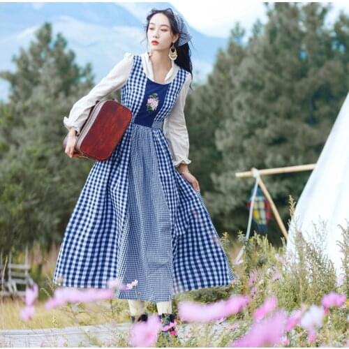 Pastoral Style Forest Mori Girl Plaid Long Dress with Headdress Hippie Boho Holiday Photo Vestido Midi Elegante Women Clothes
