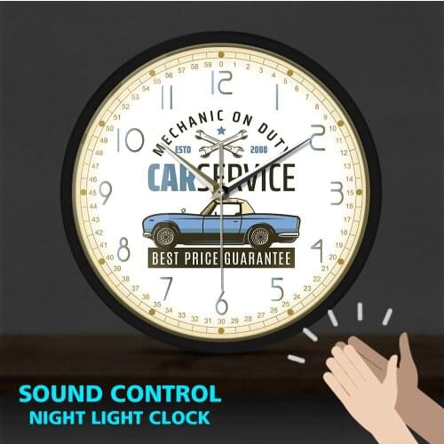 Retro Car Service Repair Mechanic on Duty Station Automotive Metal Frame LED Wall Clock Garage Wall Hanging Watch Sound Control