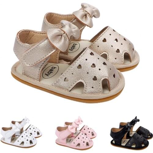 1 Pair Summer Infant Shoes Bow-Knot Hollow Out Heart Print Design Non-Slip Breathable Baby Girls Closed Toe Sandals for Daily