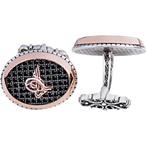 Silver Black Zircon Stone Ottoman Tuğralı Cufflink