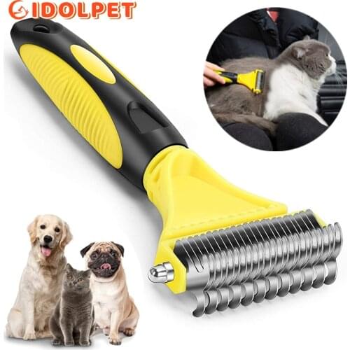 Pets Stainless Steel Grooming Brush Two-Sided Shedding and Dematting Undercoat Rake Comb for Dog Cat Remove Knots Tangles Easily