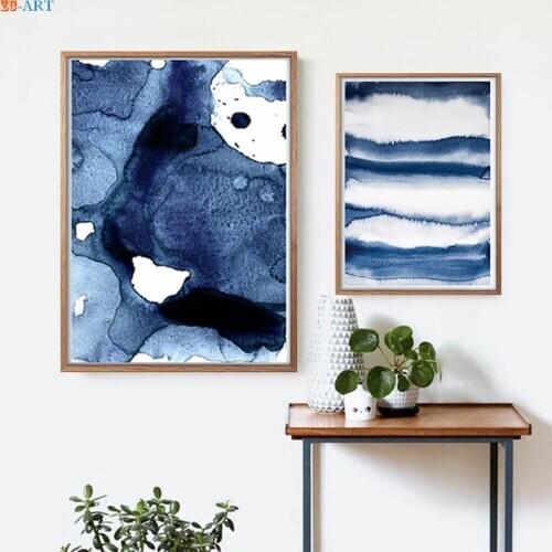 Navy Blue Wall Art Watercolor Abstract Painting Canvas Print Poster Wall Pictures for Living Room Home Decoration No Frame