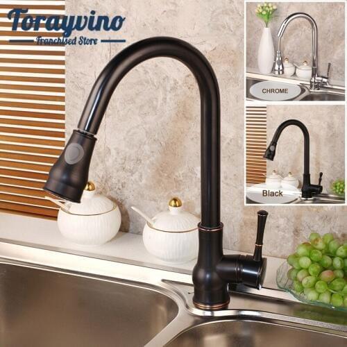 Torayvino modern kitchen faucet black rubinetto lavabo chrome & Black & ORB Single Handle Pull Out Tap Swivel 360 Mixer Taps
