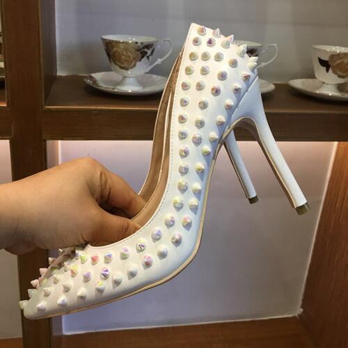 2019 Fashion free shipping new white Leather spikes Poined Toe Stiletto high heel shoe pump HIGH-HEELED SHOE dress shoes