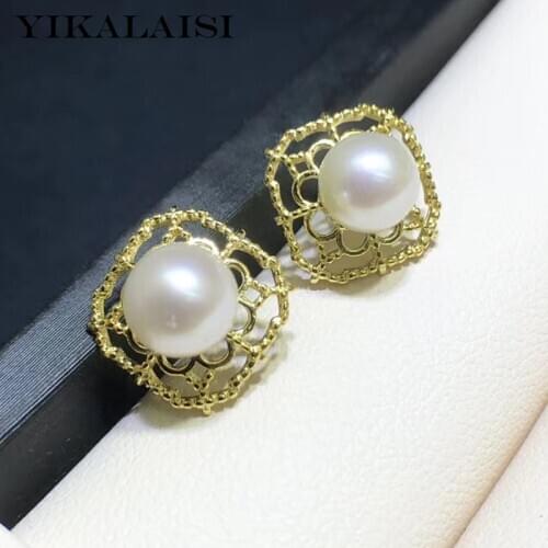 YIKALAISI 925 Sterling Silver Jewelry For Women 4-5mm Oblate Natural Freshwater Pearl Earrings Square hollow design wholesale