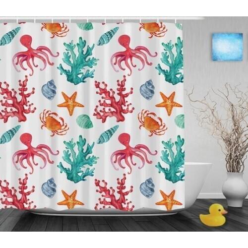 Colourful Marine Corals Bathroom Shower Curtain Shells Octopus Starfish Shower Curtains Waterproof Polyester Fabric With Hooks