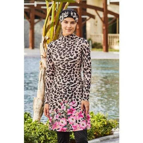 Womens Leopard print Lycra Full Off Hijab Swimwear 4273 Turkish' Muslim Swimsuit Burkinis Modest Clothing Islamic Long Sleeve